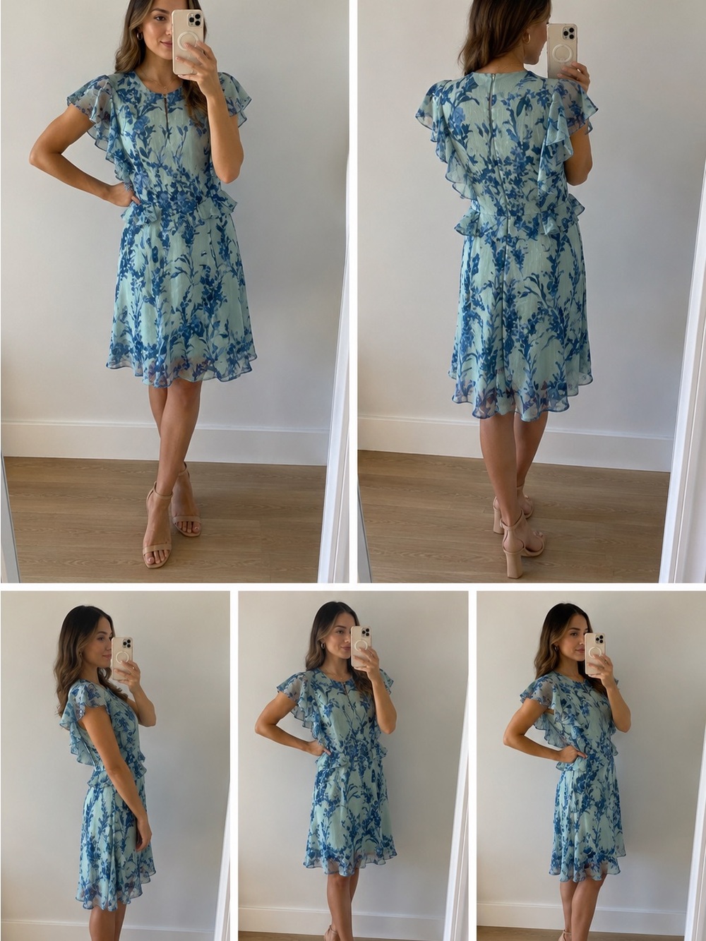 Tommy Hilfiger 2P Blue Floral Flutter Sleeve Fit & Flare Midi Dress Petite‎